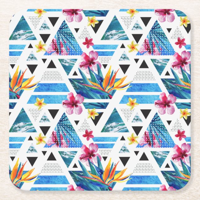 Geometric Tropical Flowers Pattern Square Paper Coaster (Front)