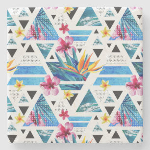 Geometric Tropical Flowers Pattern Stone Coaster