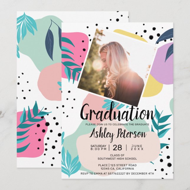 Geometric tropical leaf shapes photo graduation invitation (Front/Back)