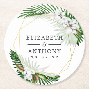Geometric Tropical Orchids Beach Wedding Round Paper Coaster