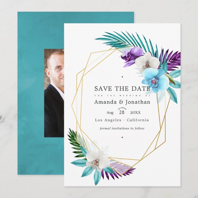 Geometric Tropical Orchids Wedding Photo Save The Date (Front/Back)