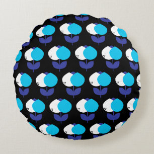 Geometric Tulips Blue and Black Round Pillow
