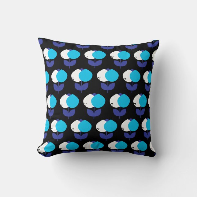 Geometric Tulips Blue and Black Throw Pillow (Front)