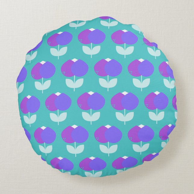 Geometric Tulips Purple and Aqua Round Pillow (Back)