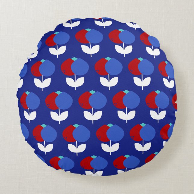 Geometric Tulips Red and Blue Round Pillow (Front)