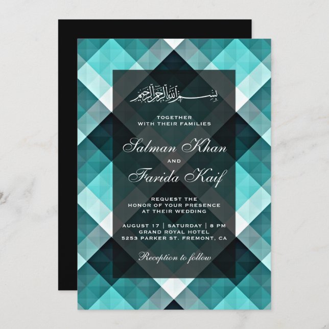 Geometric Turquoise Abstract Islamic Wedding Invitation (Front/Back)