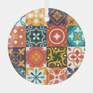 Geometric Vintage Tiles Ornate Pattern Glass Ornament