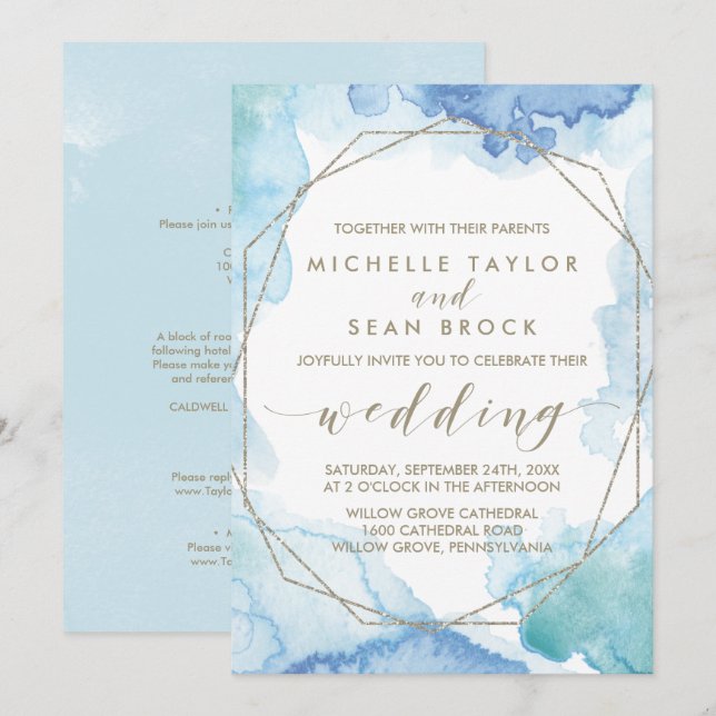 Geometric Watercolor All In One Wedding Invitation (Front/Back)