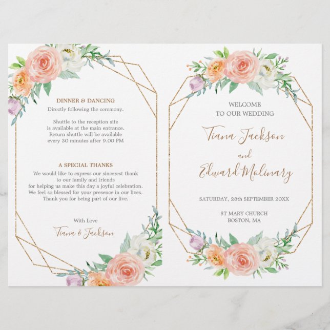 Geometric Watercolor Flower Folded Wedding Program (Front)