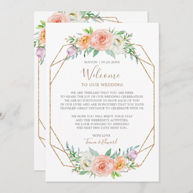 Geometric Watercolor Flower Wedding Welcome Note Invitation (Front/Back)
