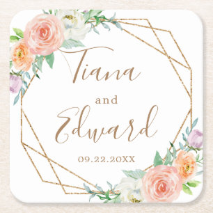 Geometric Watercolor Flowers Wedding Coaster