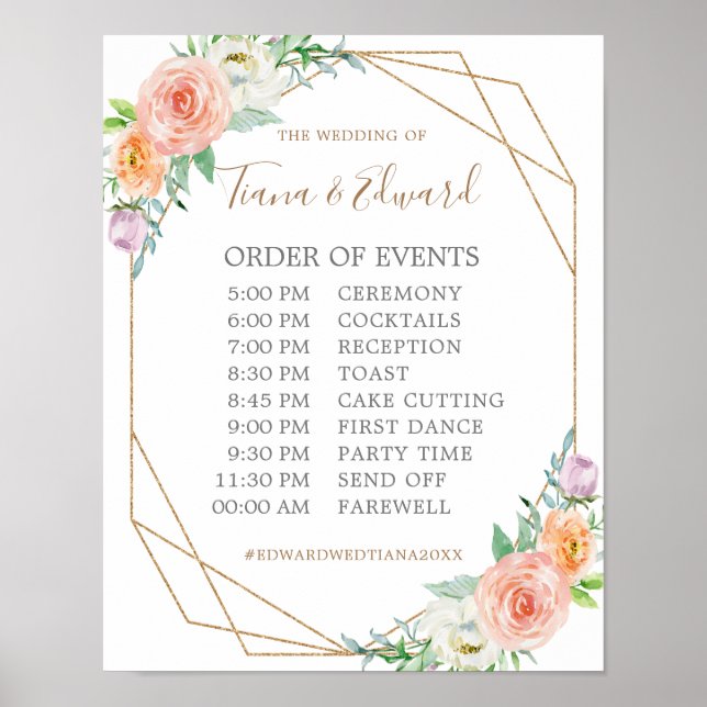 Geometric Watercolor Flowers Wedding Schedule Sign (Front)