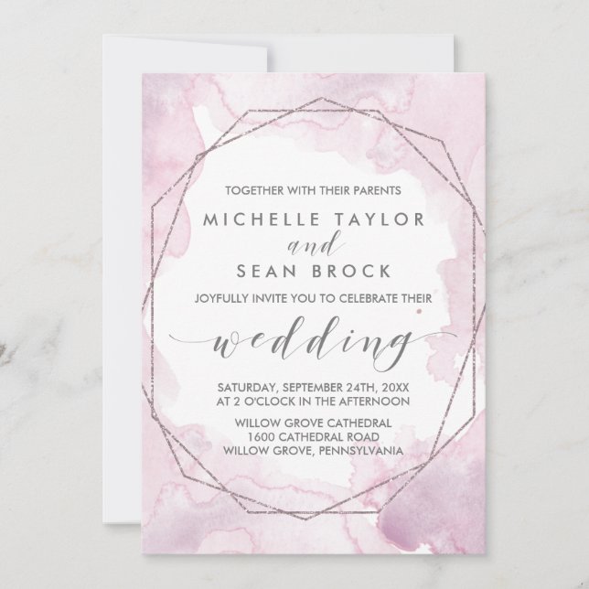 Geometric Watercolor | Pink and Rose Gold Wedding Invitation (Front)