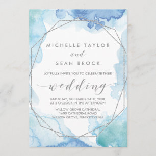 Geometric Watercolor   Silver Wedding Invitation