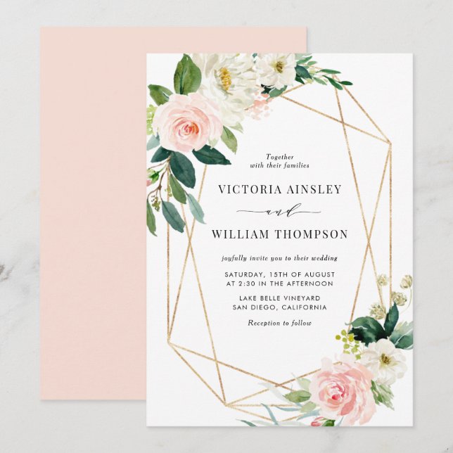 Geometric Watercolor Spring Blooms Wedding Invitation (Front/Back)