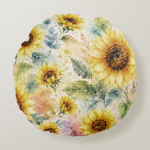 Geometric Watercolor Sunflower Floral Art Round Pillow