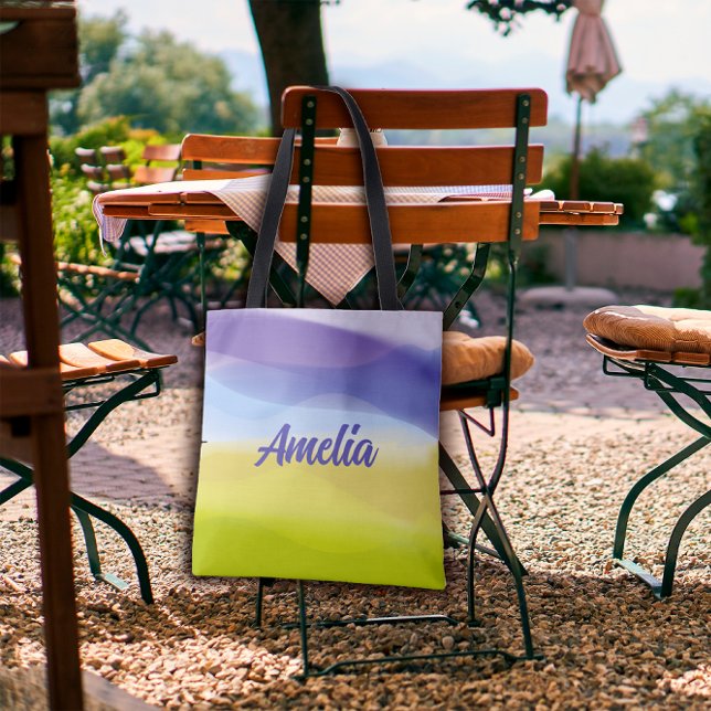 Geometric wave lime yellow lavender with name  tote bag (Creator Uploaded)