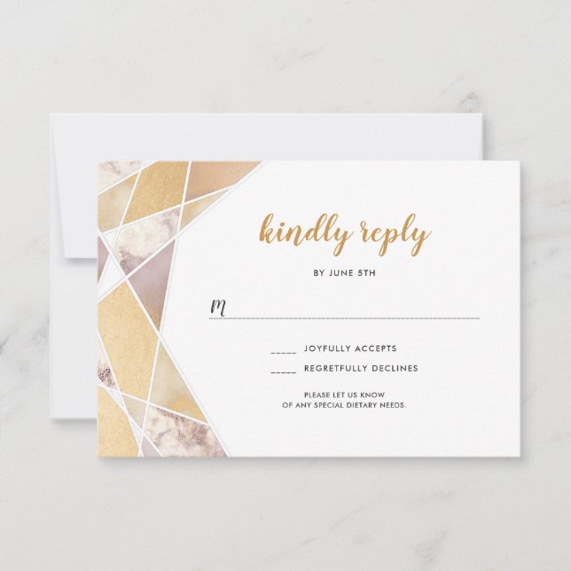 Geometric wedding rsvp | faux gold marble card (Front)