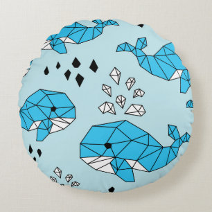 Geometric Whale: Cute Seamless Pattern Round Pillow