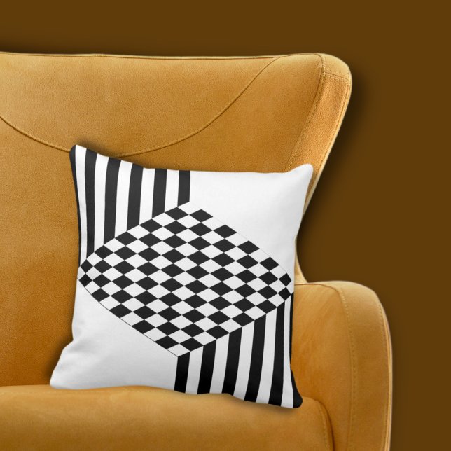 Geometric White & Black Stripes Diamond Checkers Throw Pillow (Geometric White & Black Stripes Diamond Checkers Throw Pillow)