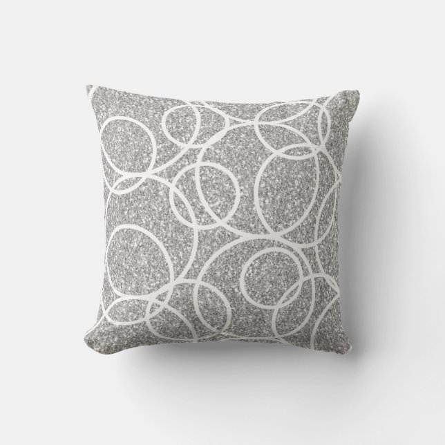 Geometric White Circles Abstract Silver Glitter  Throw Pillow (Front)