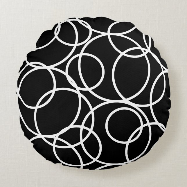 Geometric White Circles Black Modern Abstract  Round Pillow (Front)
