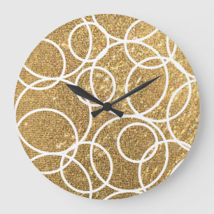 Geometric White Circles Gold Glitter Abstract Large Clock