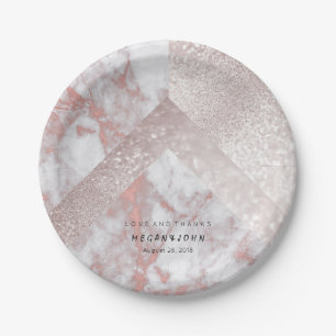 Geometric White Glitter Pink Rose Gold Marble Paper Plate