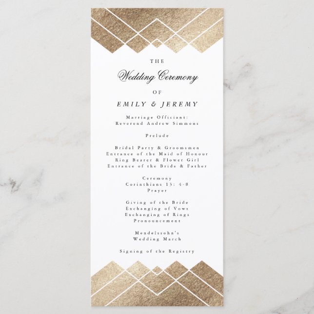 Geometric White Gold Gatsby Wedding Program (Front)