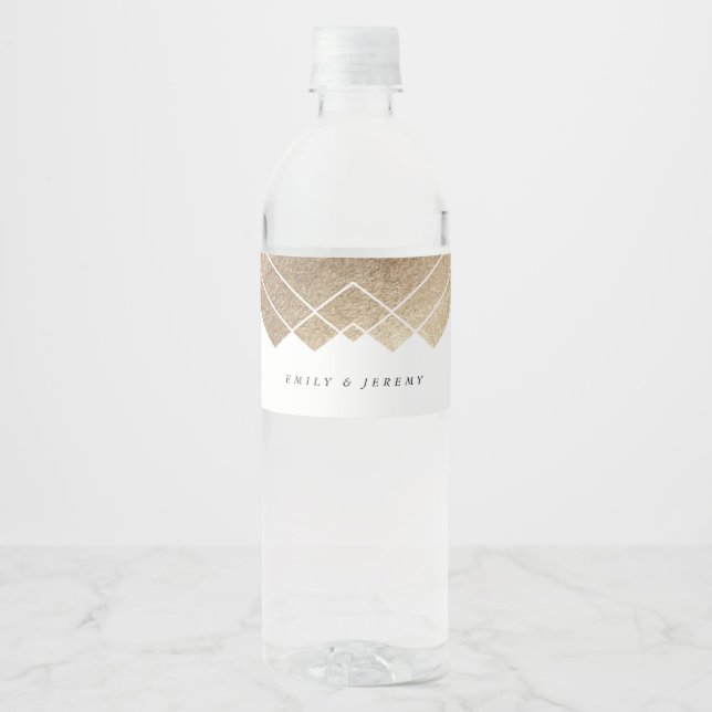 Geometric White Gold Gatsby Wedding Water Bottle Label (Front)