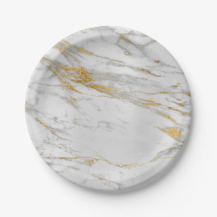 Geometric White Grey Carrara Gold Marble Paper Plate