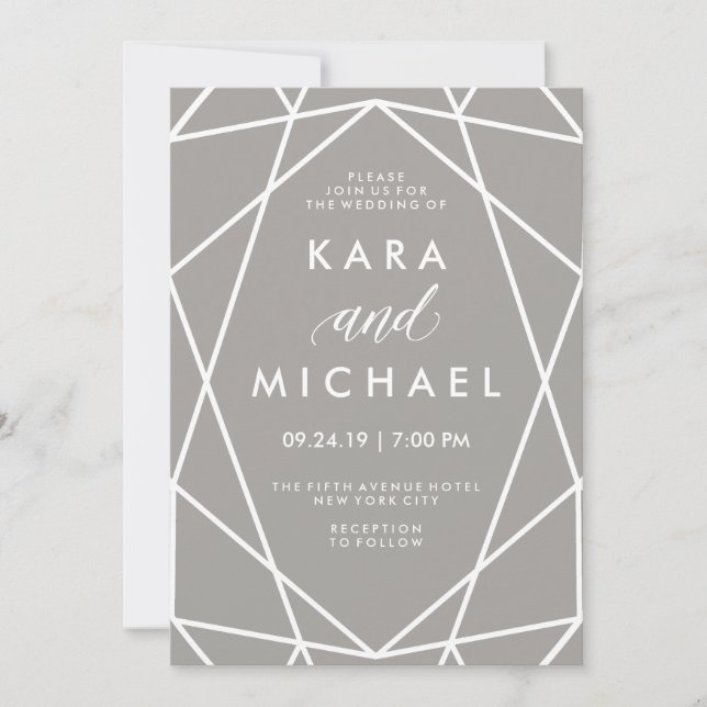 Geometric White Lines on Modern Grey Wedding Invitation (Front)