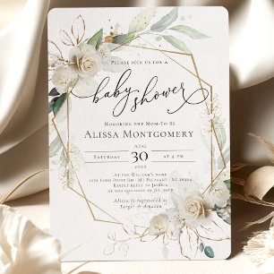 Geometric White Roses Baby Shower Invitation