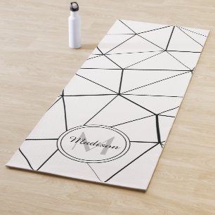 Geometric white triangles black lines Monogram Yoga Mat