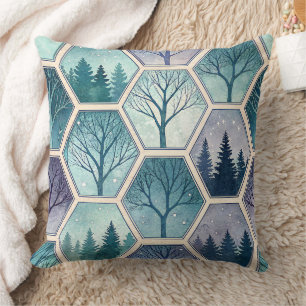 Geometric Winter Forest – Trees in Hexagon Throw Pillow
