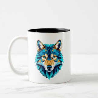 Geometric Wolf Head – Neon Blue Low Poly Animal Ar Two-Tone Coffee Mug