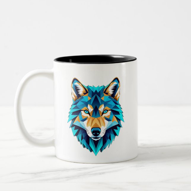 Geometric Wolf Head – Neon Blue Low Poly Animal Ar Two-Tone Coffee Mug (Left)