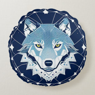 Geometric Wolf With Stars Mystical Night Design 🐺 Round Pillow