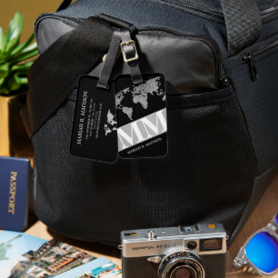 Geometric World Traveller map Silver metal Monogra Luggage Tag