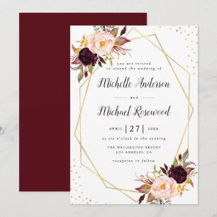 Geometric wreath burgundy blush floral wedding invitation