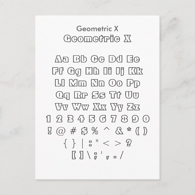 Geometric X - Zazzle Font Sampler Sheet Postcard (Front)