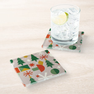 Geometric Xmas Trees Snowflakes Throw Pillow Glass Coaster
