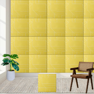 Geometric Yellow and White Line Pattern Tile