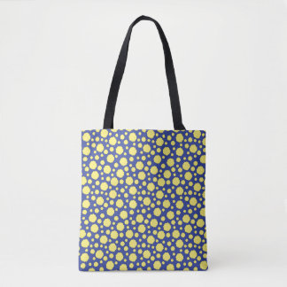 Geometric yellow circles on blue tote bag