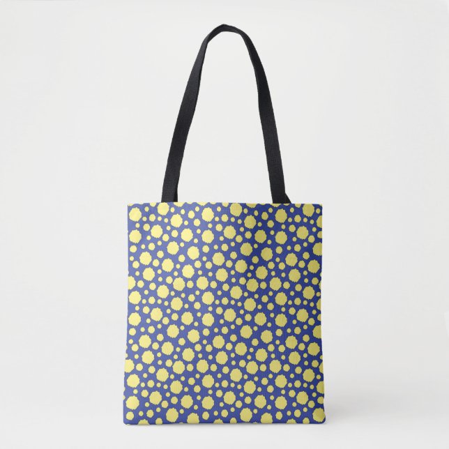 Geometric yellow circles on blue tote bag (Front)