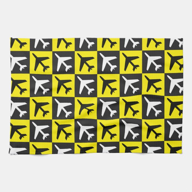 Geometric Yellow Flying Jets Airplane Kitchen Towel (Horizontal)