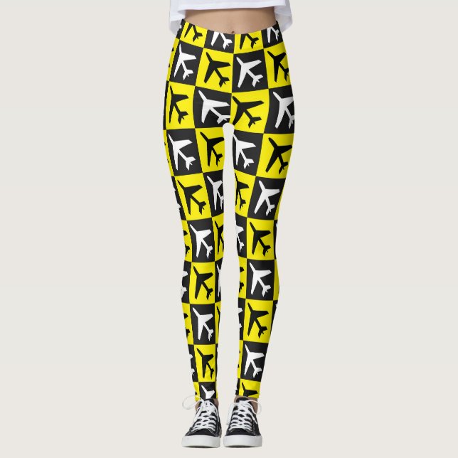Geometric Yellow Flying Jets Airplane Leggings (Front)