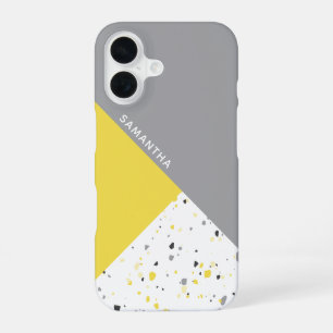 Geometric Yellow Grey Terrazzo Pattern with Name iPhone 16 Case