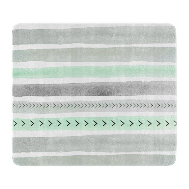 Geometrical Mint Green Grey Watercolors Stripes Cutting Board (Front)