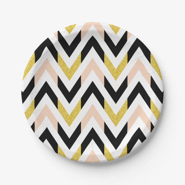 Geometrical Peachy Pink, Gold, Black Pattern Paper Plate (Front)